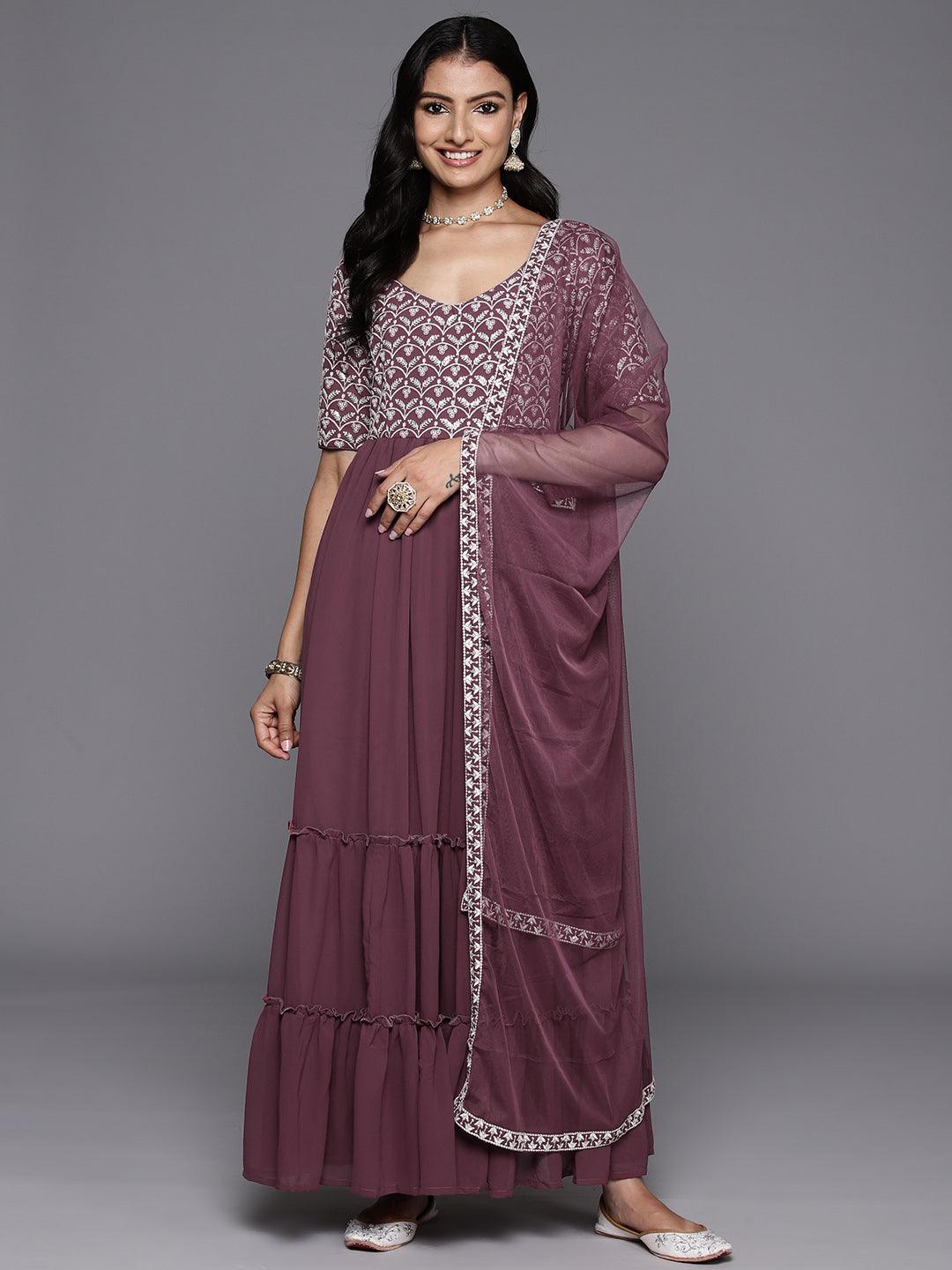Mauve Embroidered Georgette Anarkali Suit With Dupatta