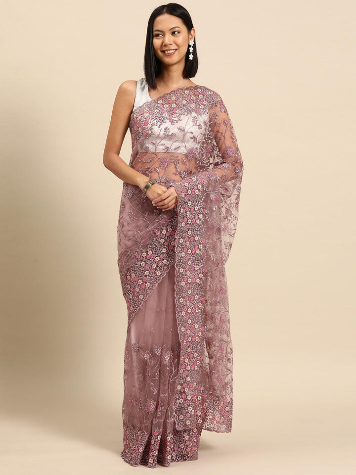 Mauve Embroidered Net Saree - Libas