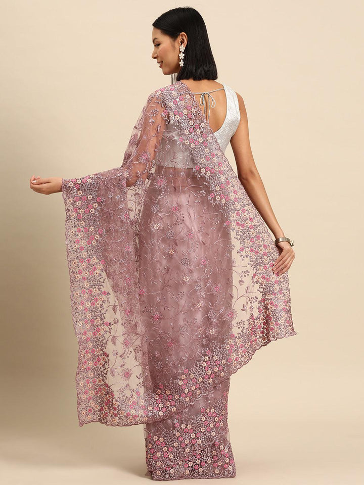 Mauve Embroidered Net Saree - Libas