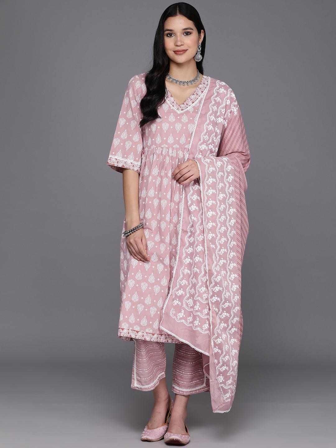 Mauve Printed Cotton A-Line Suit Set With Trousers - Libas