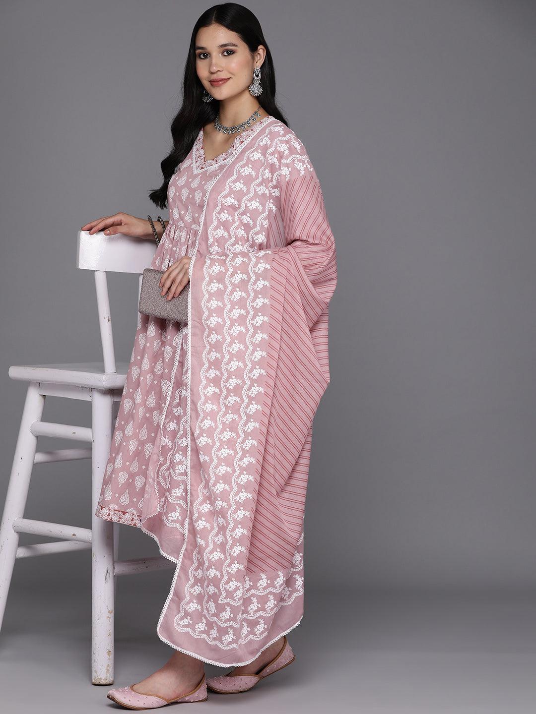 Mauve Printed Cotton A-Line Suit Set With Trousers - Libas