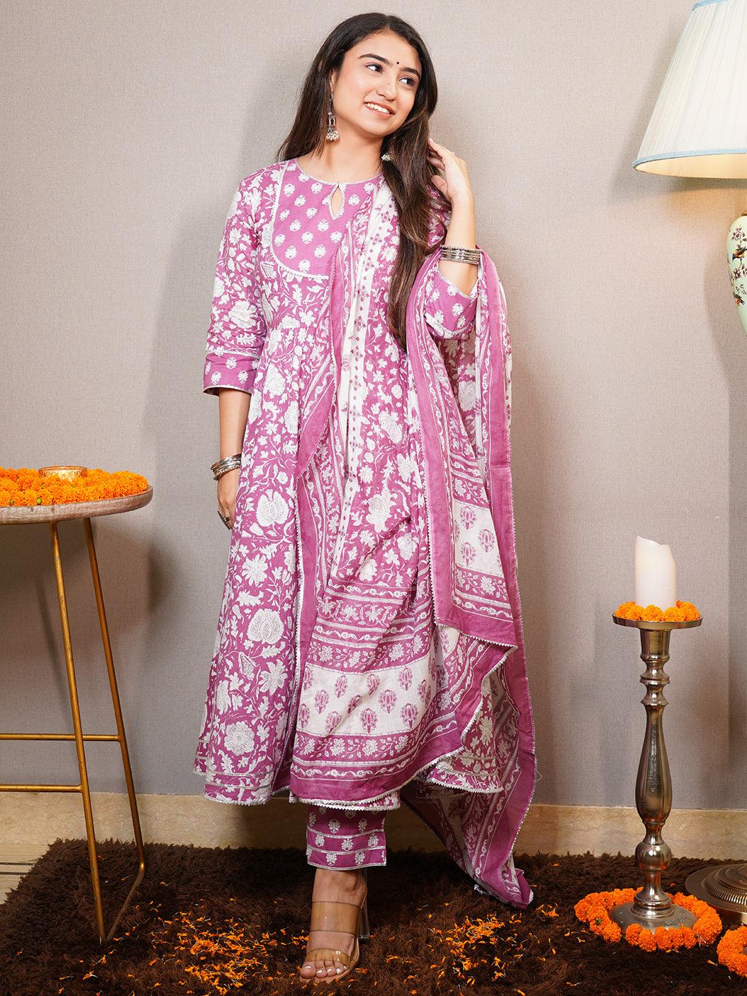 Mauve Printed Cotton Anarkali Kurta With Trousers & Dupatta - Libas