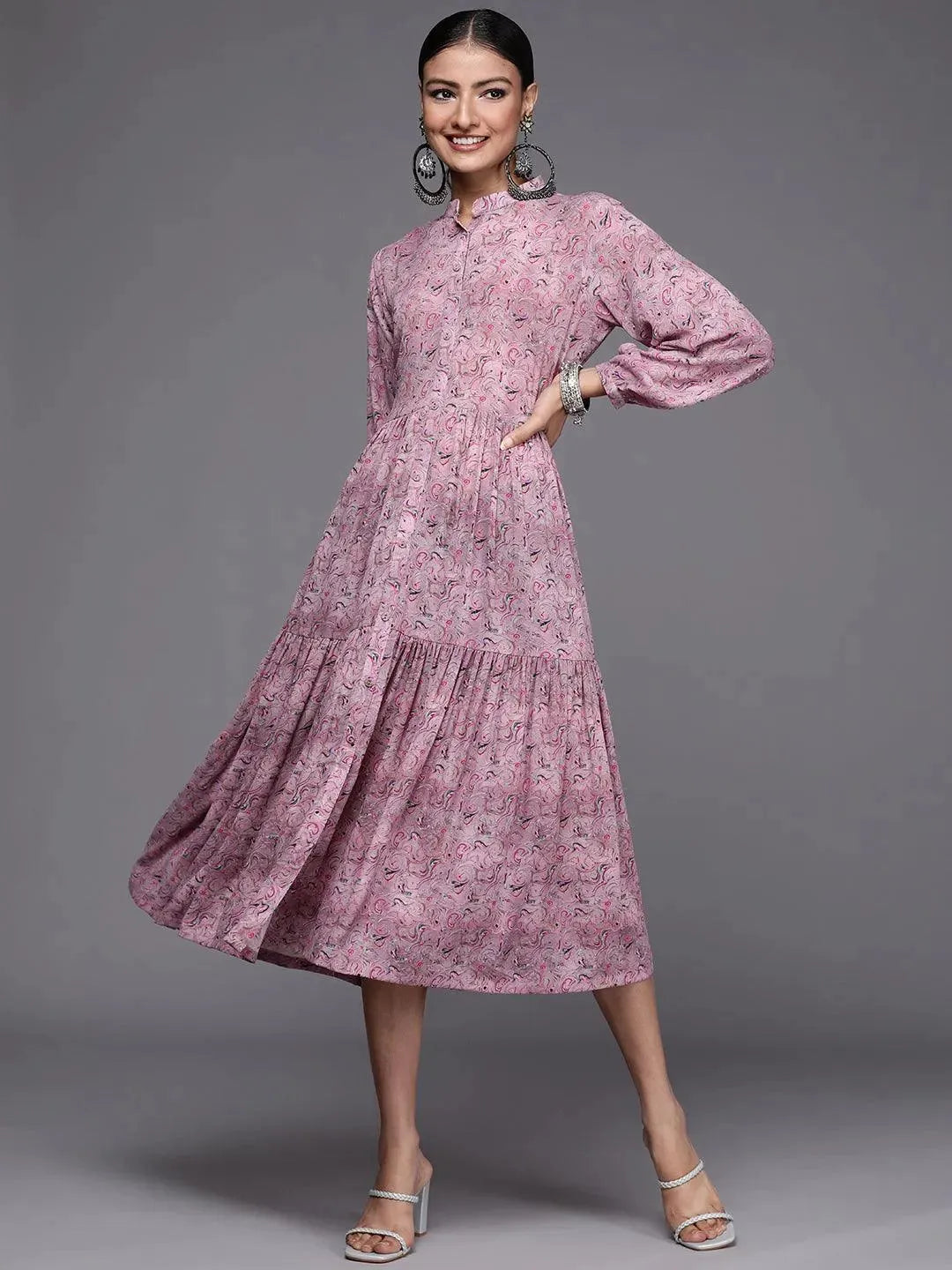 

Mauve Printed Georgette Fit and Flared Dress