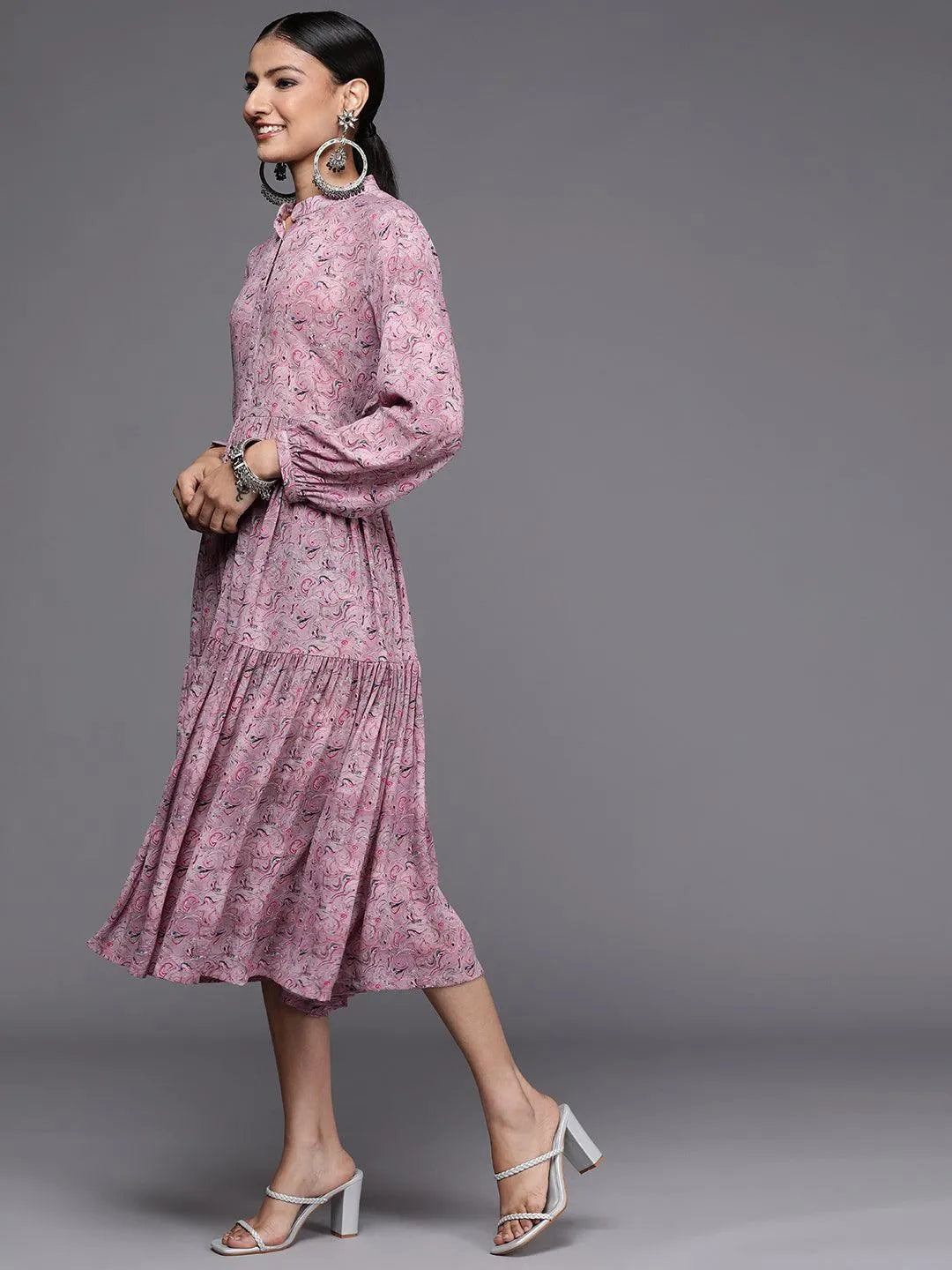 Mauve Printed Georgette Fit and Flared Dress - Libas