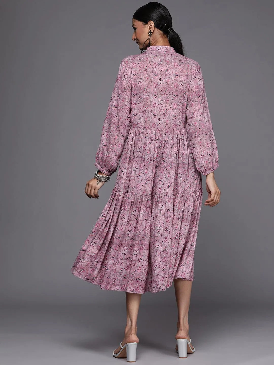 Mauve Printed Georgette Fit and Flared Dress - Libas 