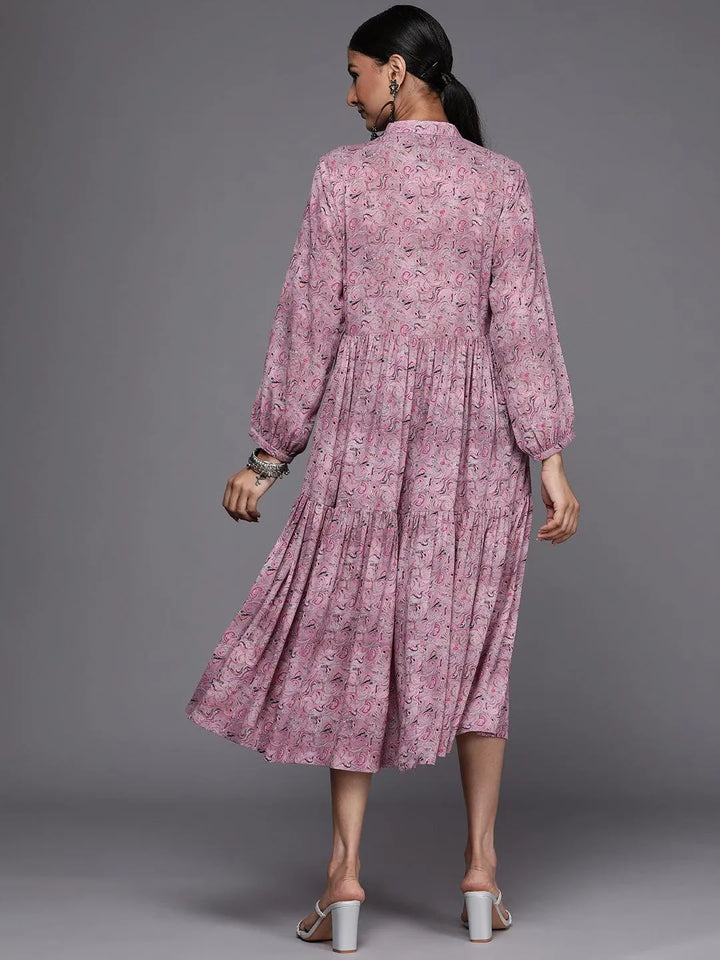 Mauve Printed Georgette Fit and Flared Dress - Libas