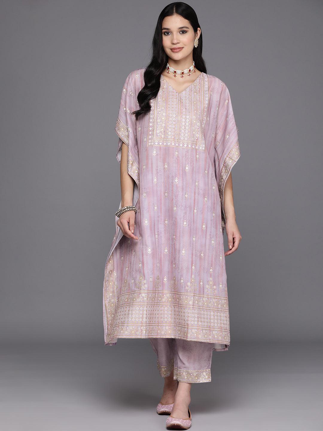 Mauve Printed Silk Blend Kaftan Kurta Set With Trousers - Libas