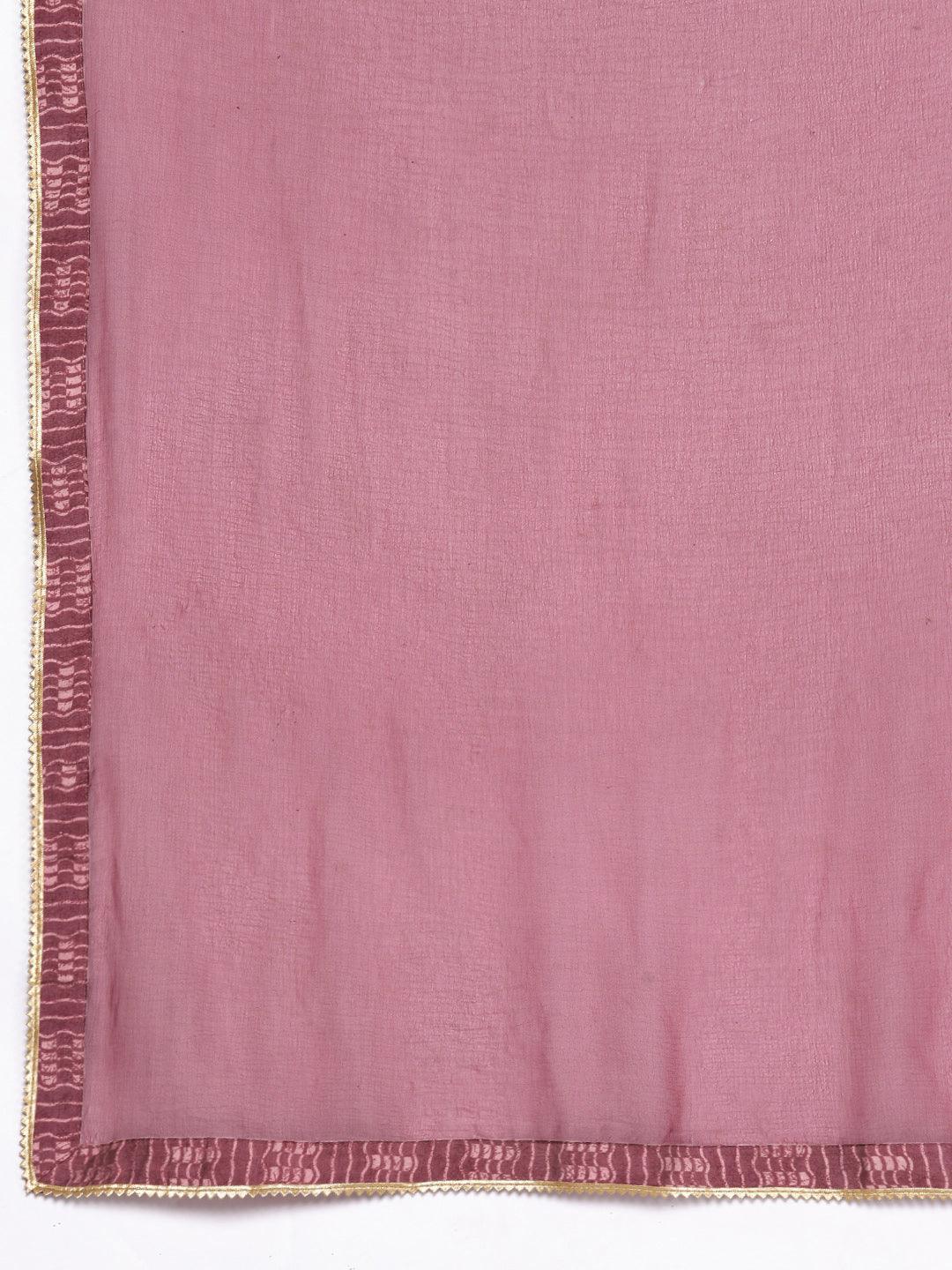 Mauve Printed Silk Blend Straight Kurta With Palazzos & Dupatta