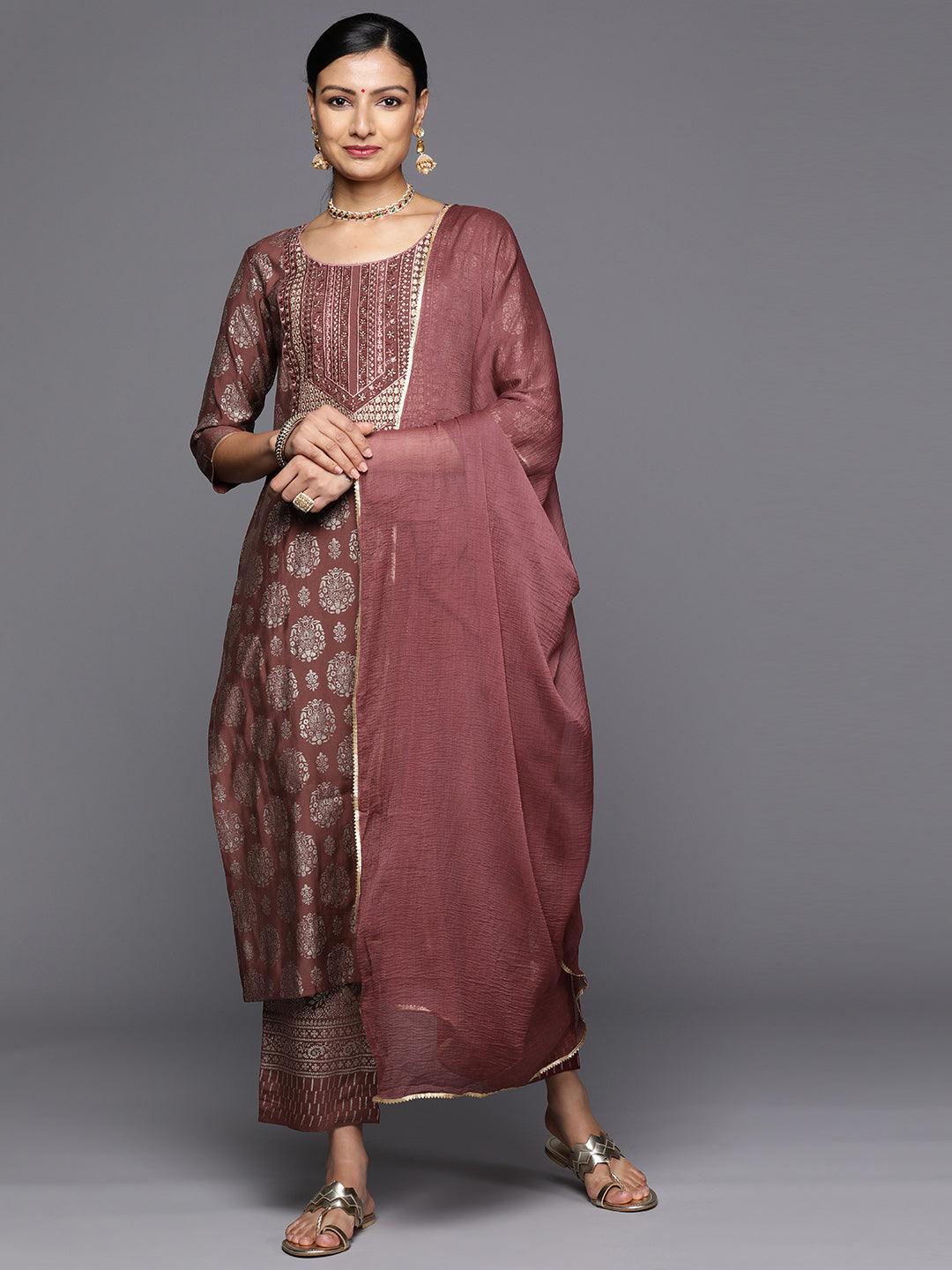 Mauve Printed Silk Blend Straight Kurta With Trousers & Dupatta - Libas