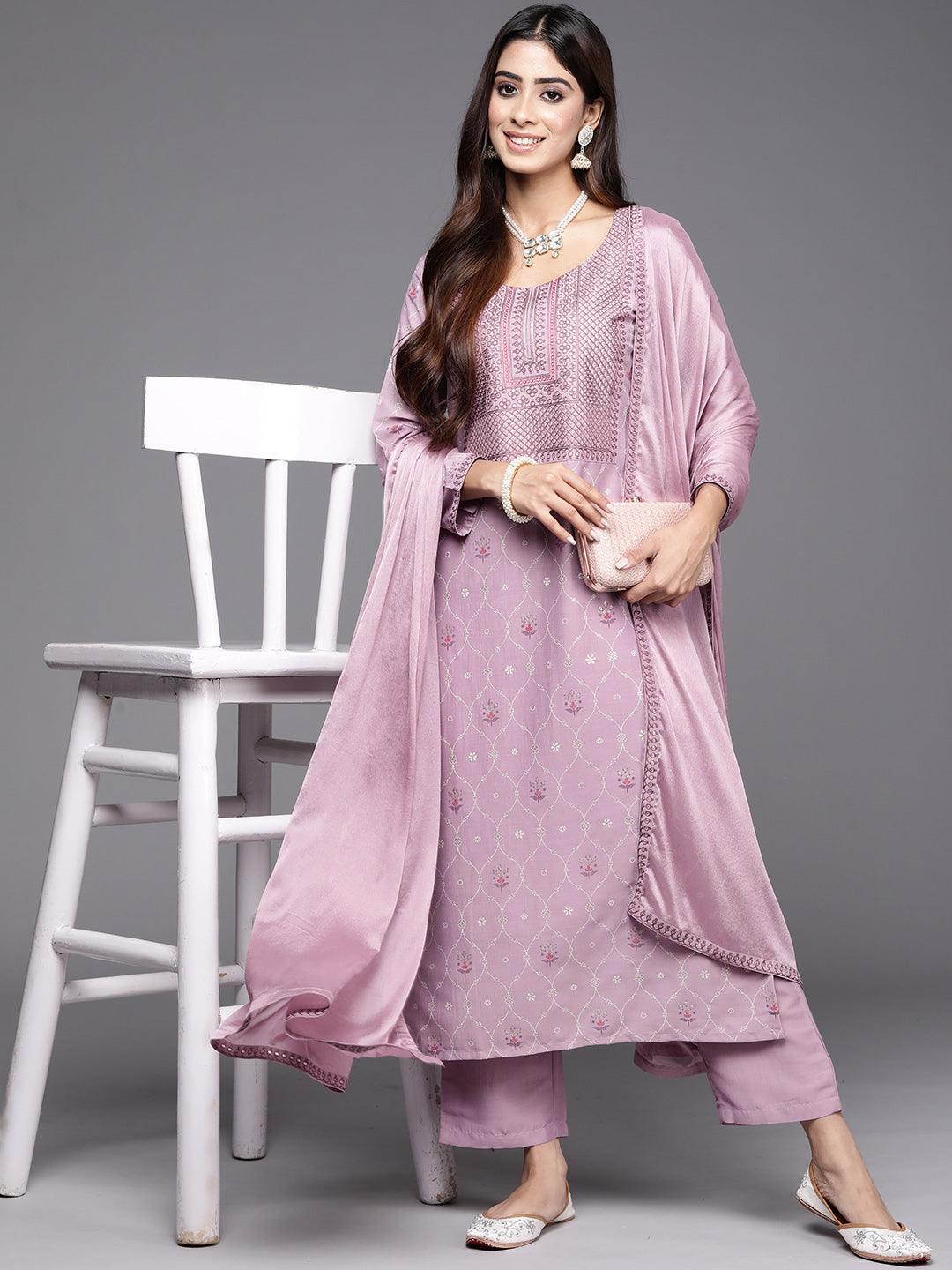 Mauve Printed Silk Blend Straight Kurta With Trousers & Dupatta - Libas