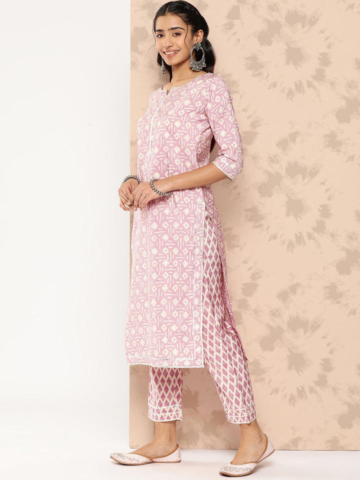 Mauve Printed Silk Blend Straight Kurta With Trousers and Dupatta - Libas