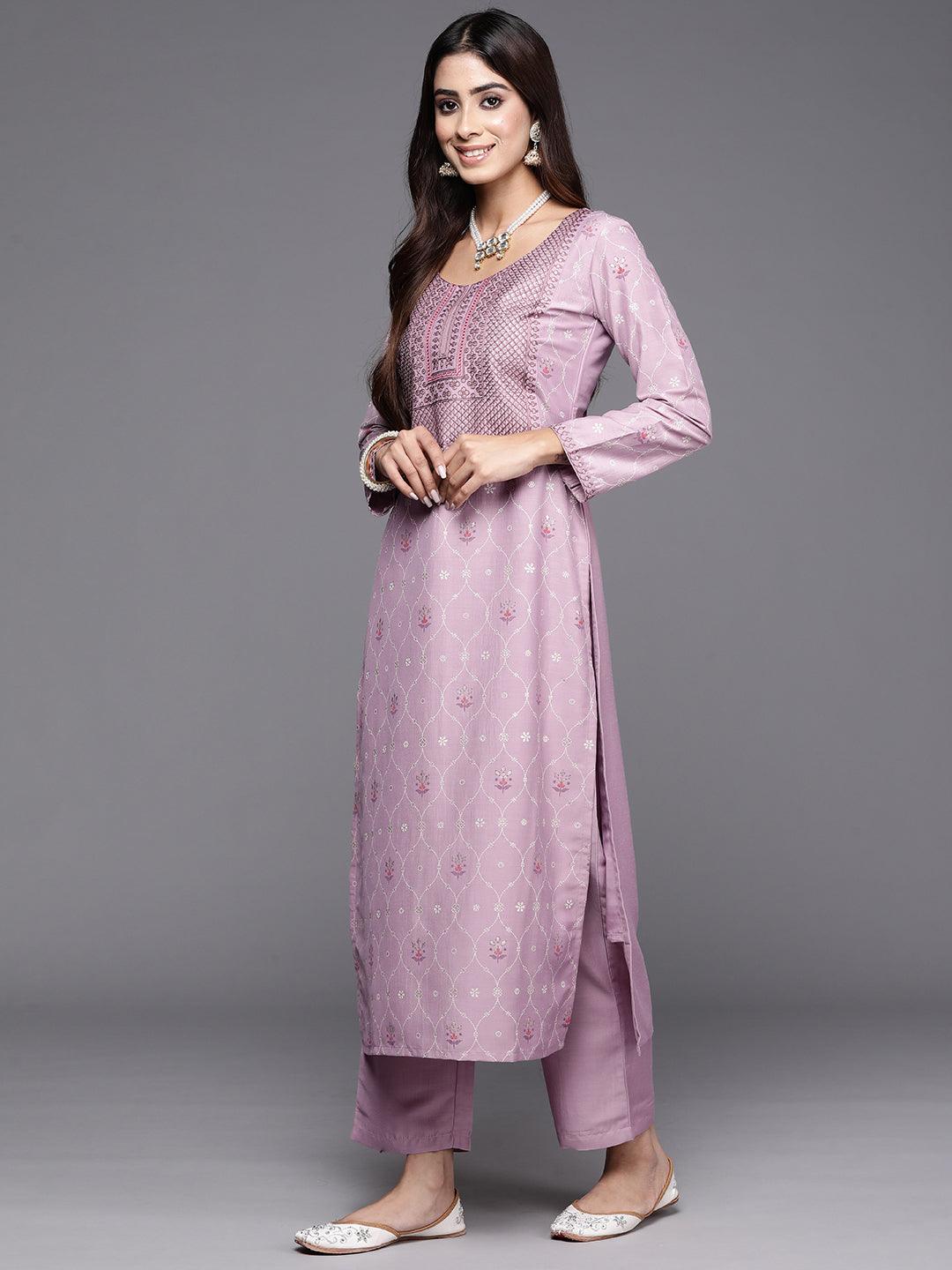 Mauve Printed Silk Blend Straight Kurta With Trousers & Dupatta - Libas