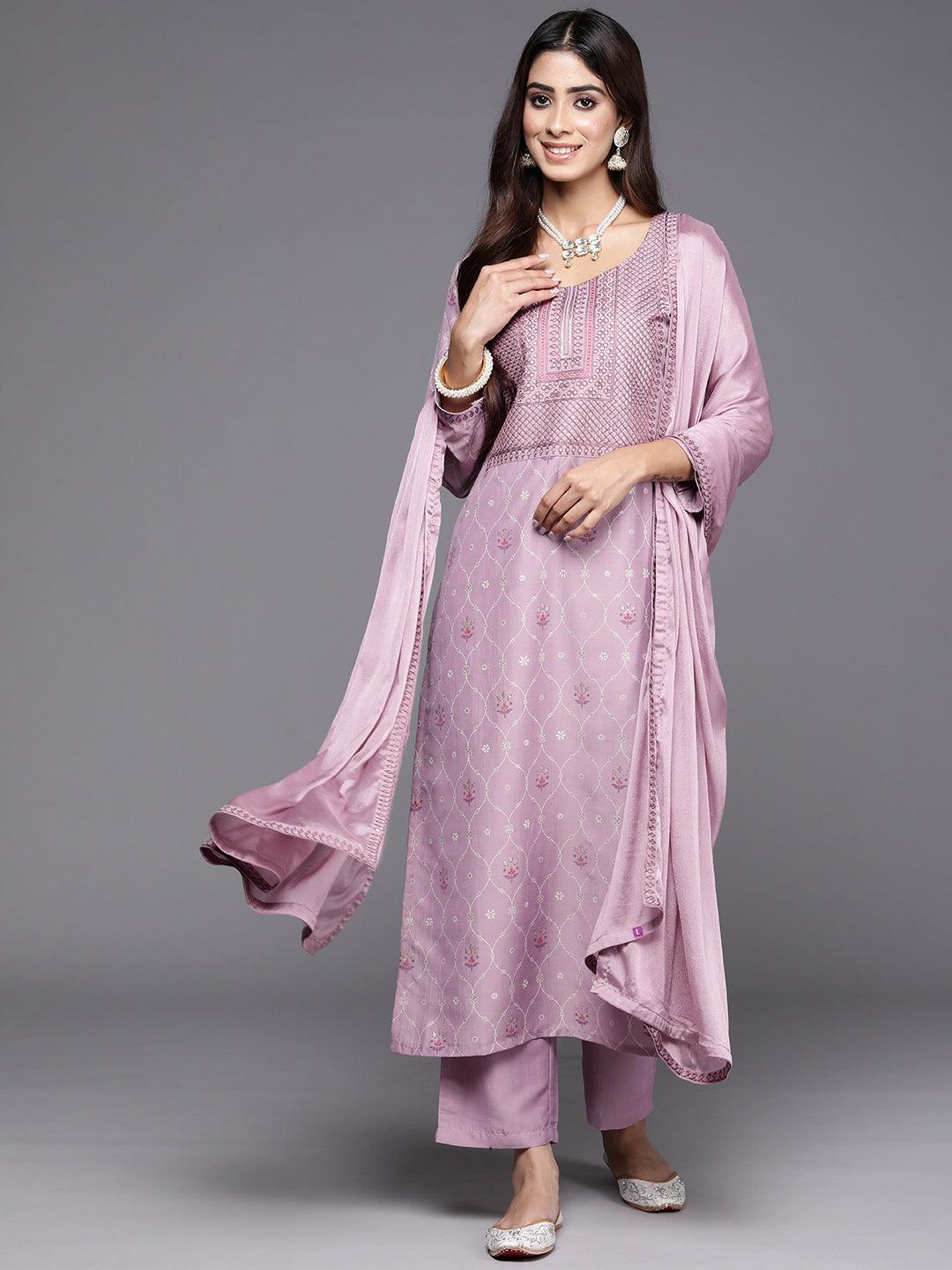 Mauve Printed Silk Blend Straight Kurta With Trousers & Dupatta - Libas