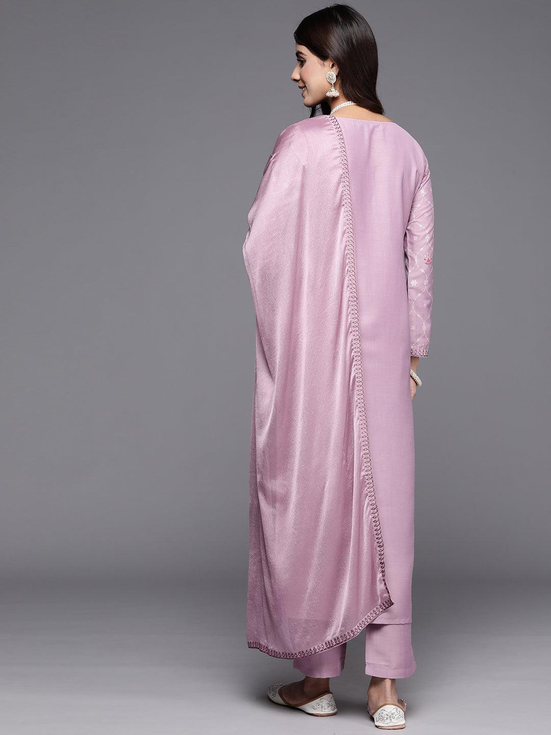 Mauve Printed Silk Blend Straight Kurta With Trousers & Dupatta - Libas