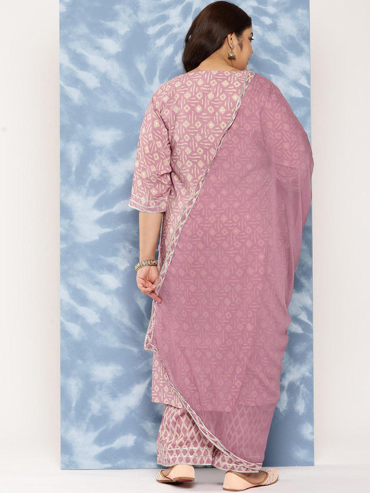 Mauve Printed Silk Blend Straight Kurta With Trousers and Dupatta - Libas