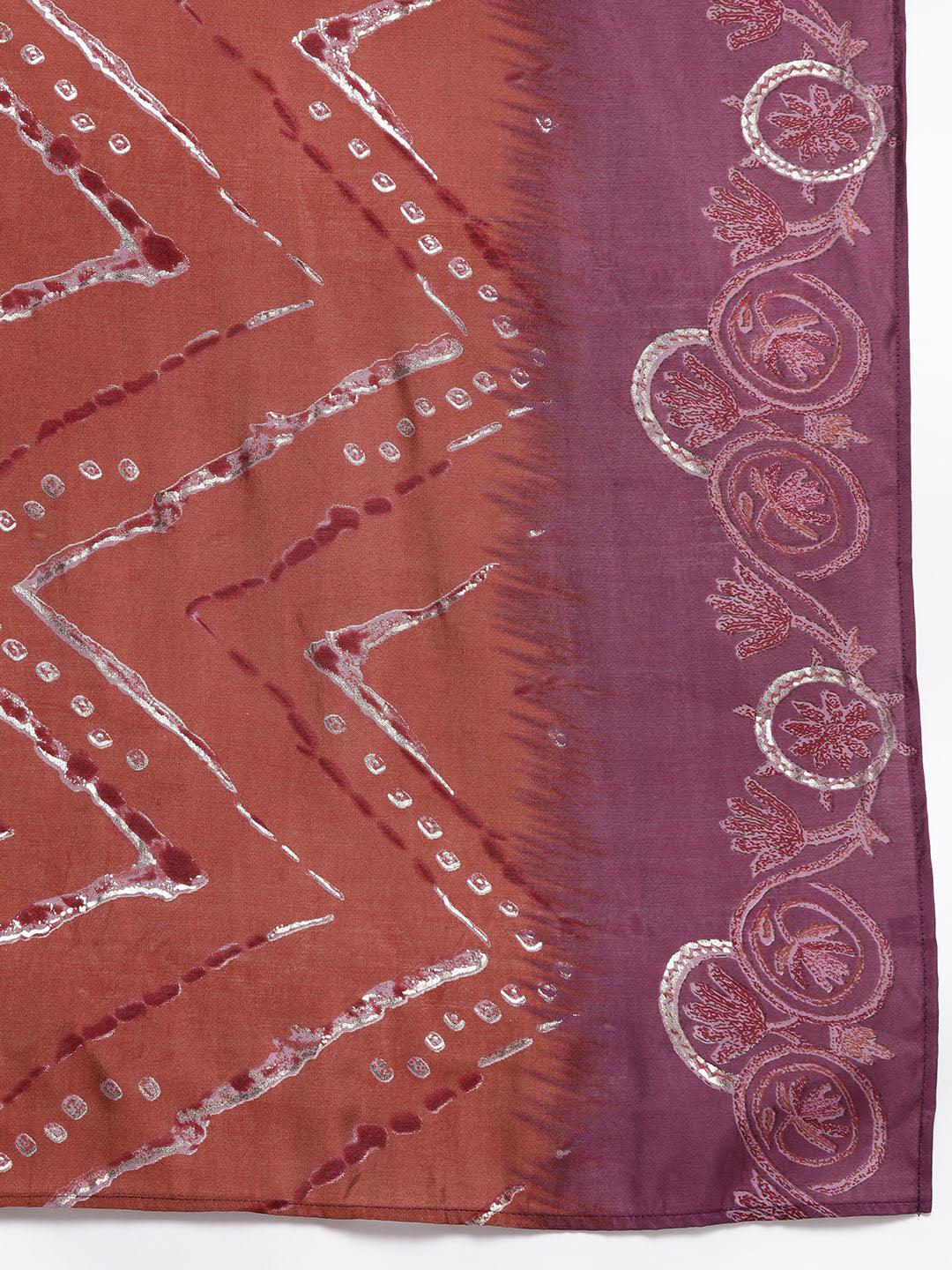 Mauve Printed Silk Blend Straight Kurta With Trousers & Dupatta - Libas