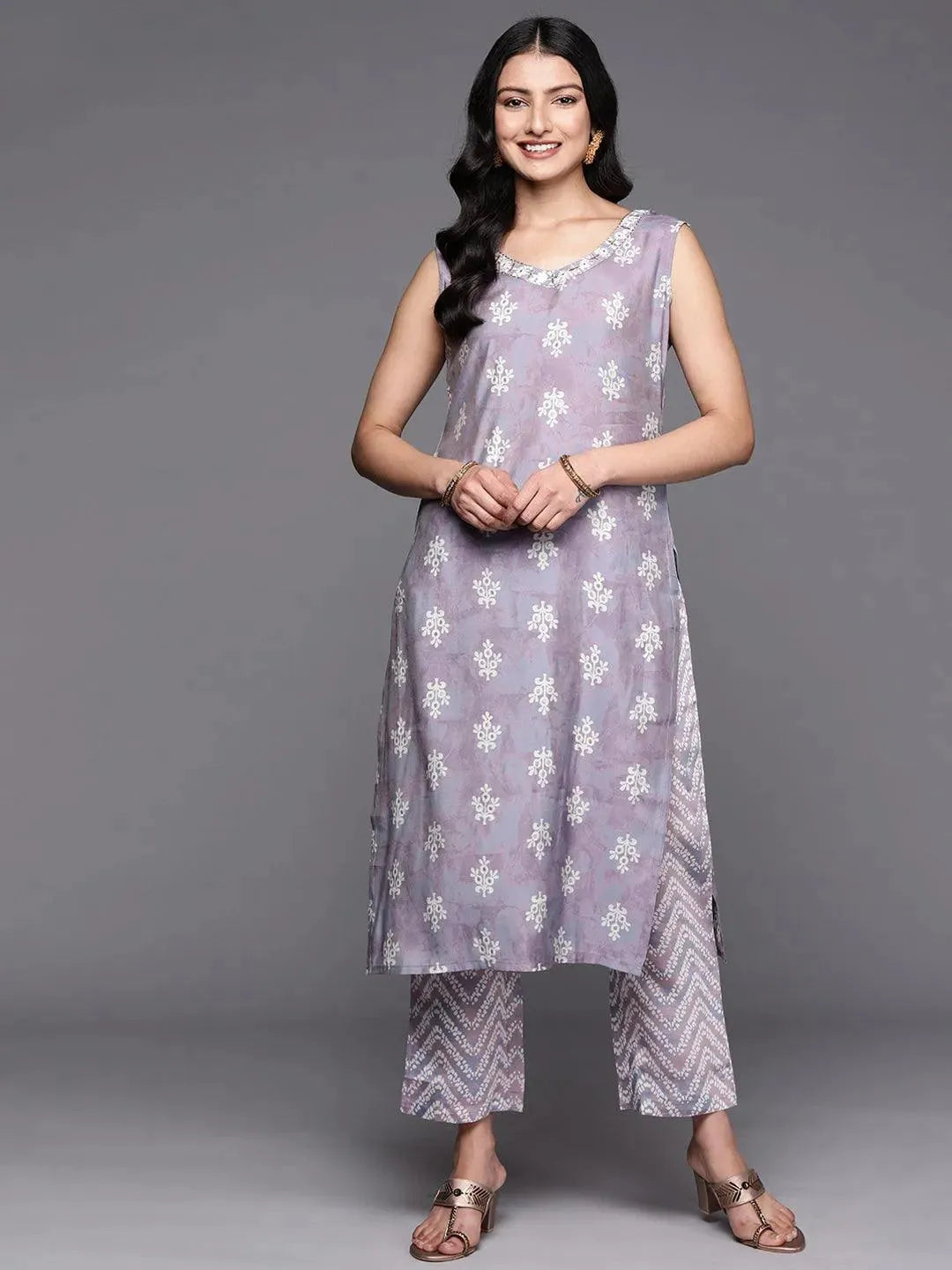 

Mauve Printed Silk Blend Straight Kurta With Trousers