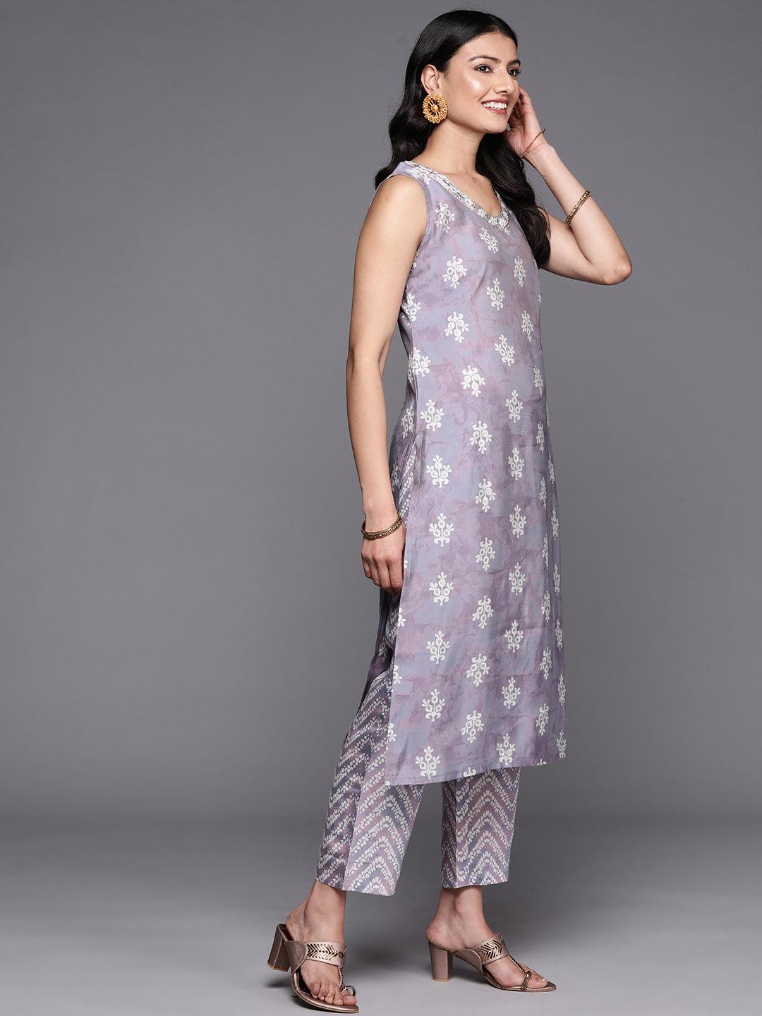 Mauve Printed Silk Blend Straight Kurta With Trousers