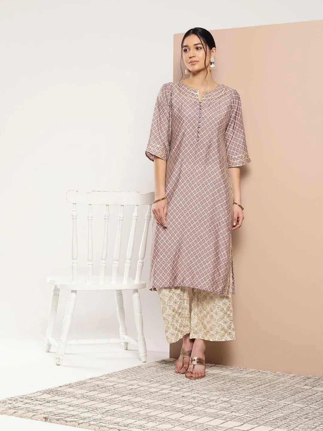 Mauve Printed Silk Straight Kurta - Libas