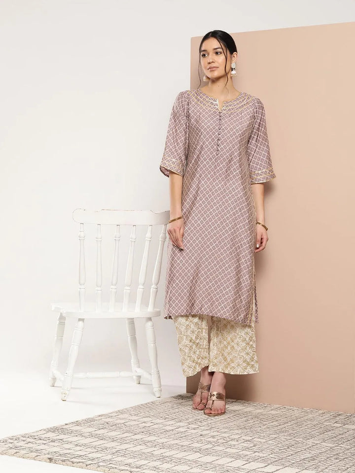 Mauve Printed Silk Straight Kurta - Libas