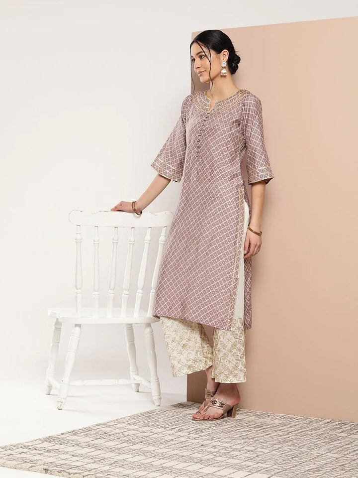 Mauve Printed Silk Straight Kurta - Libas