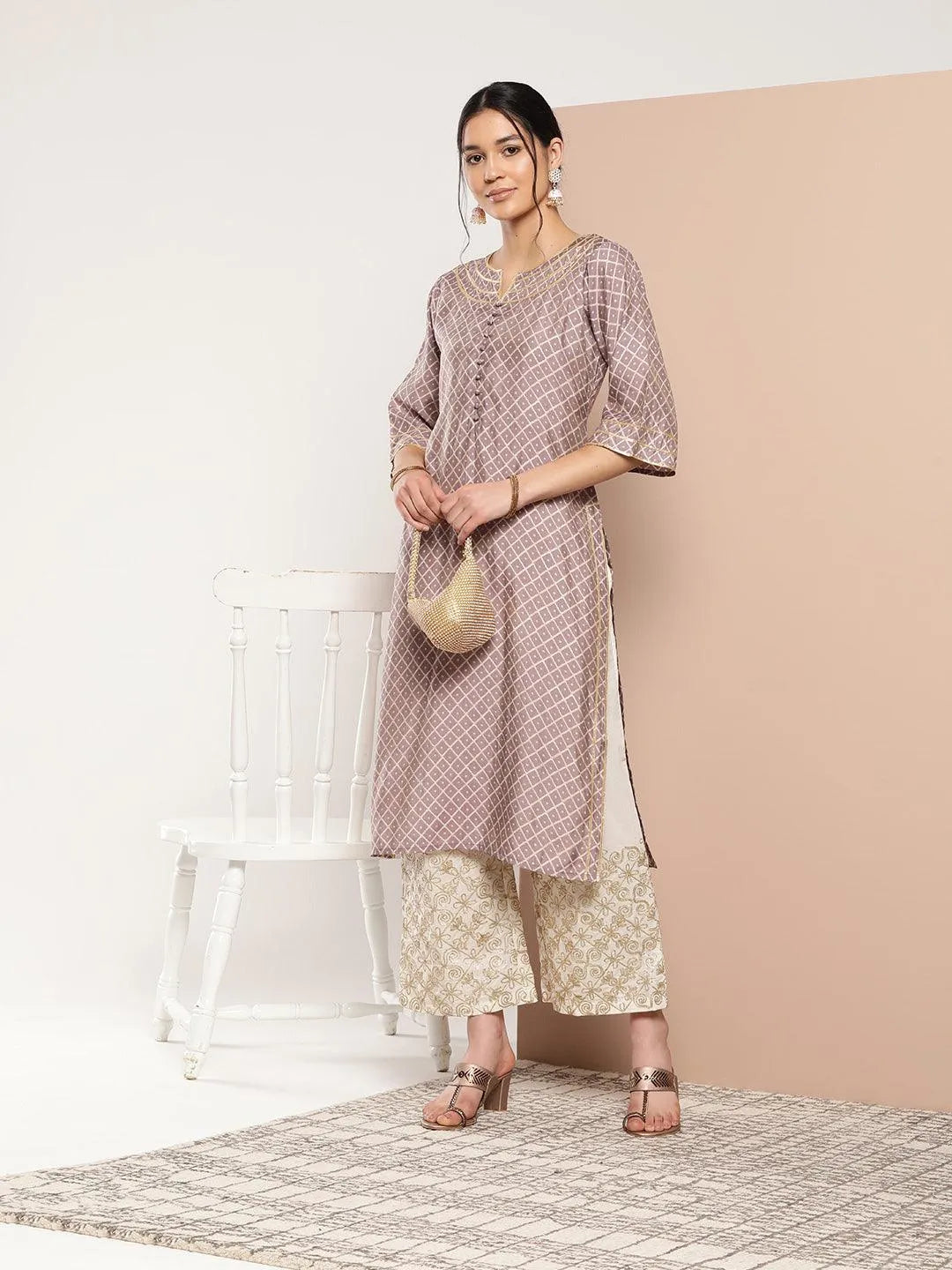 Mauve Printed Silk Straight Kurta - Libas