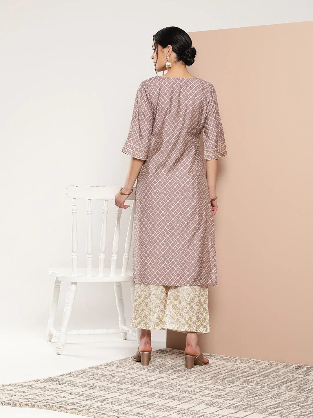 Mauve Printed Silk Straight Kurta - Libas