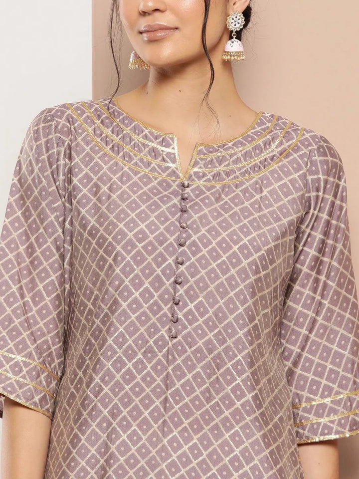 Mauve Printed Silk Straight Kurta - Libas