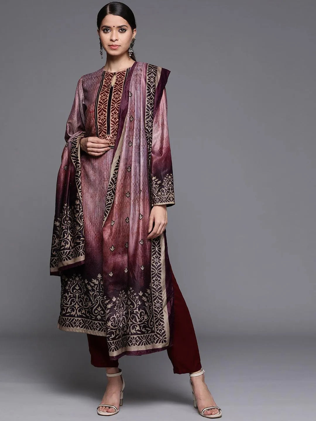 Mauve Printed Velvet Suit Set - Libas