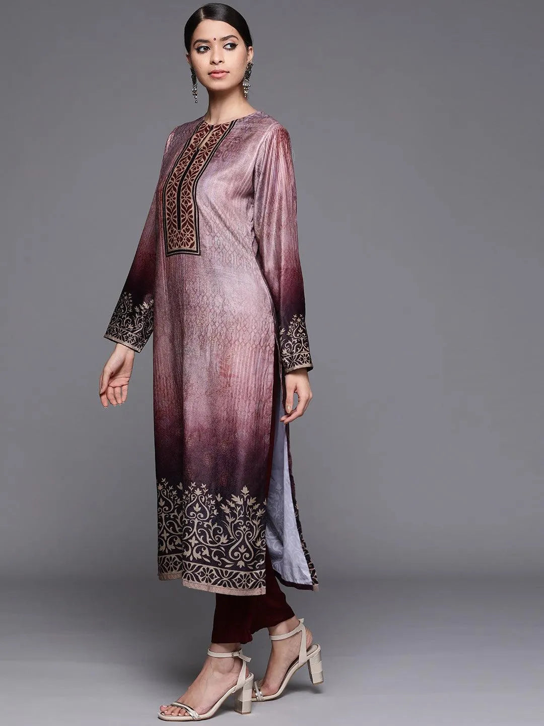 Mauve Printed Velvet Suit Set - Libas 