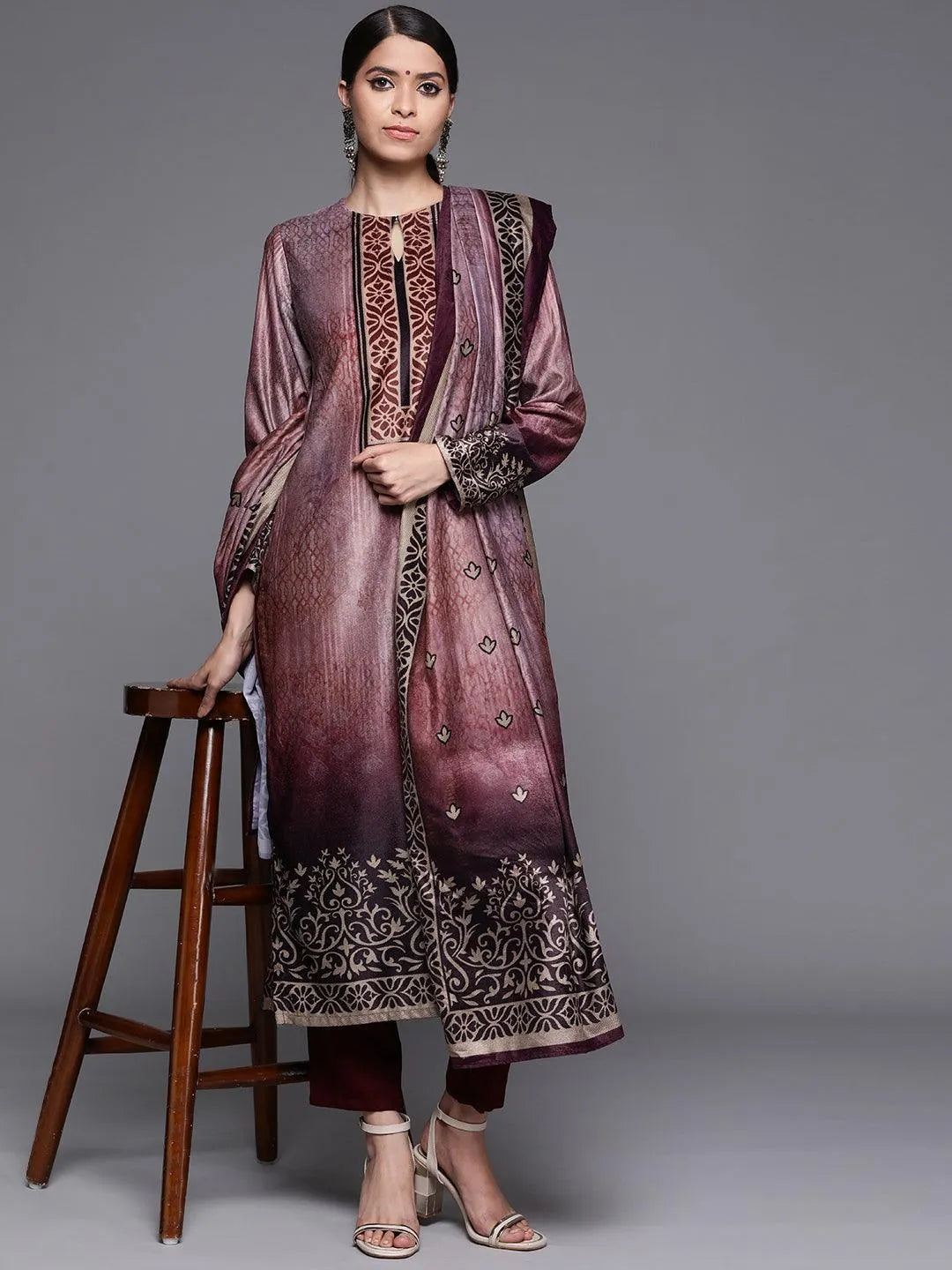 Mauve Printed Velvet Suit Set - Libas 