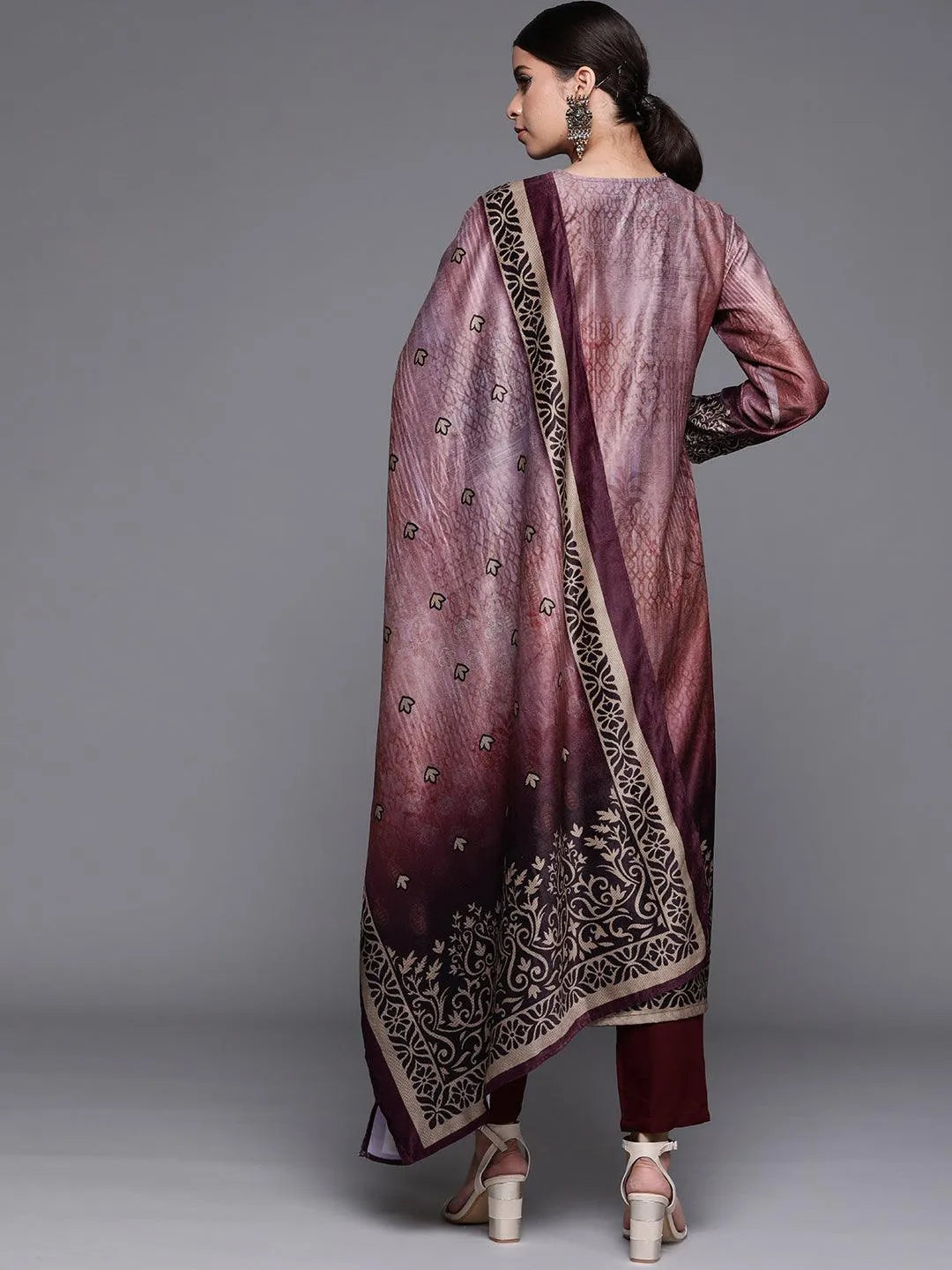 Mauve Printed Velvet Suit Set - Libas