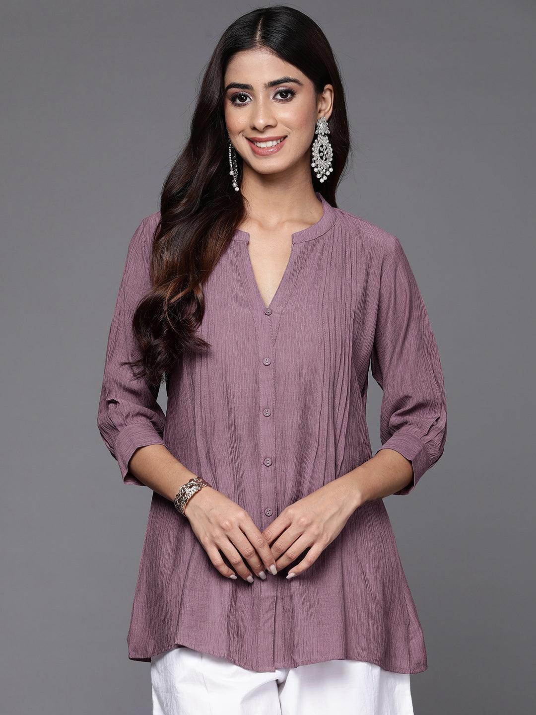 Mauve Solid Cotton Blend A-Line Kurti - Libas