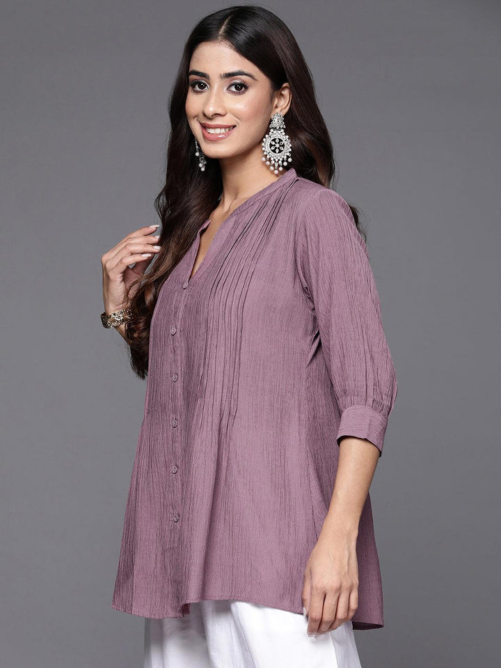 Mauve Solid Cotton Blend A-Line Kurti - Libas