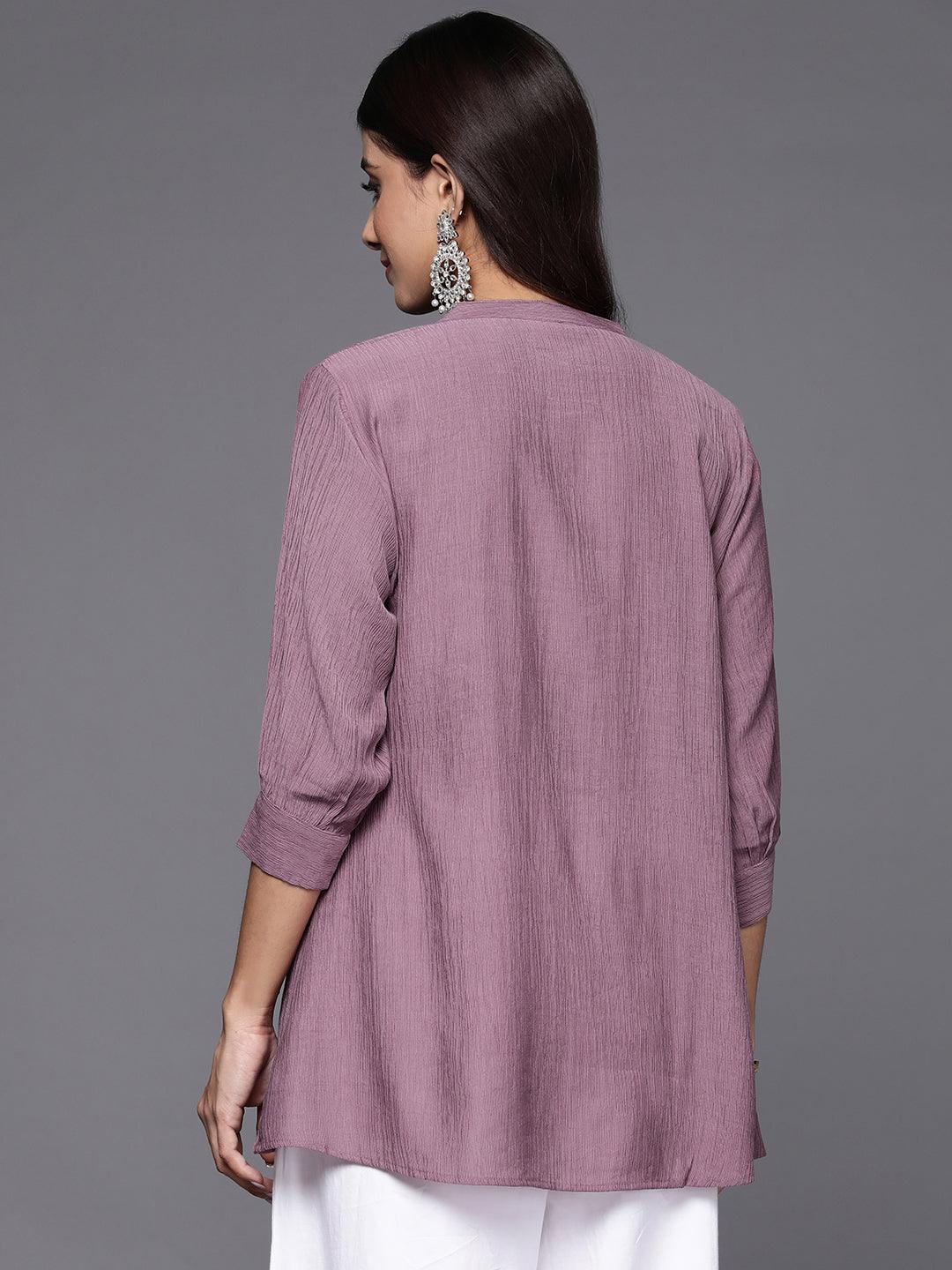 Mauve Solid Cotton Blend A-Line Kurti - Libas