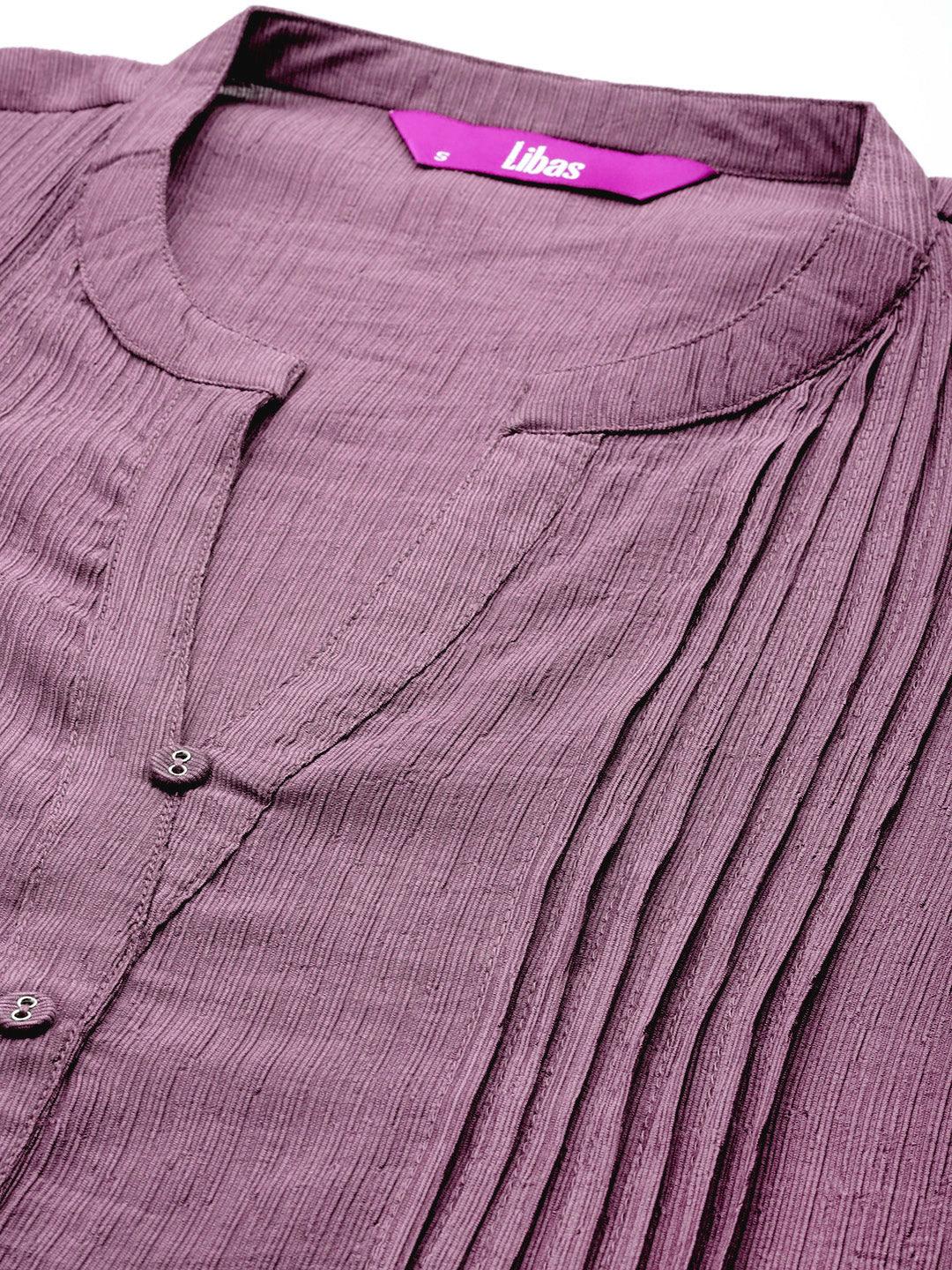 Mauve Solid Cotton Blend A-Line Kurti - Libas