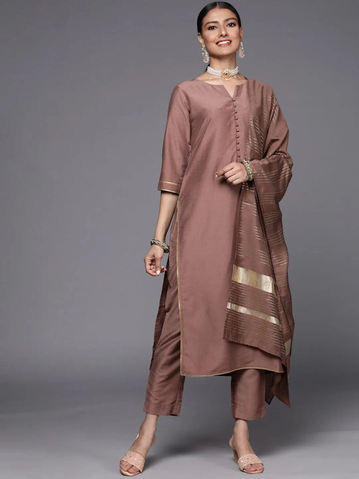 Mauve Solid Silk Blend Straight Suit Set - Libas