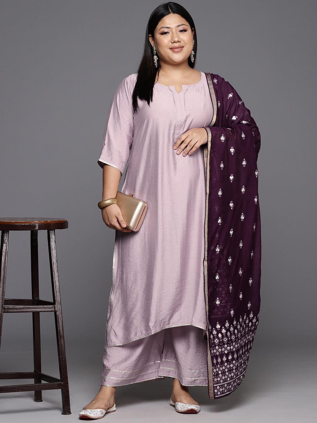 Mauve Solid Silk Blend Straight Kurta With Palazzos & Dupatta - Libas 