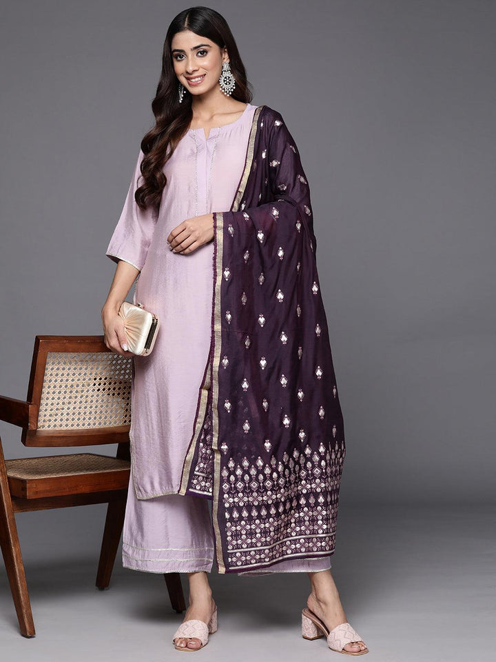 Mauve Solid Silk Blend Straight Kurta With Palazzos & Dupatta - Libas