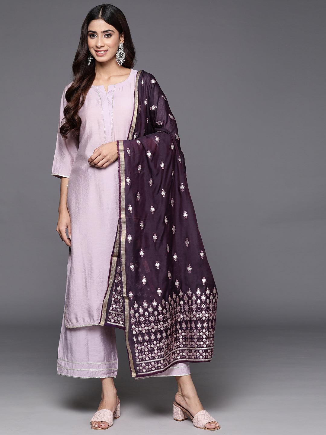 Mauve Solid Silk Blend Straight Kurta With Palazzos & Dupatta - Libas