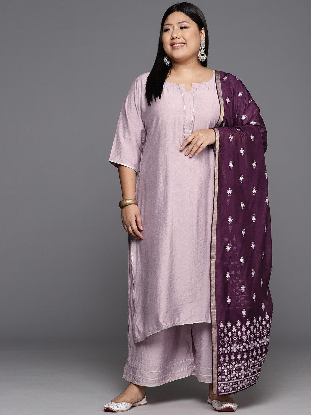 Mauve Solid Silk Blend Straight Kurta With Palazzos & Dupatta - Libas 