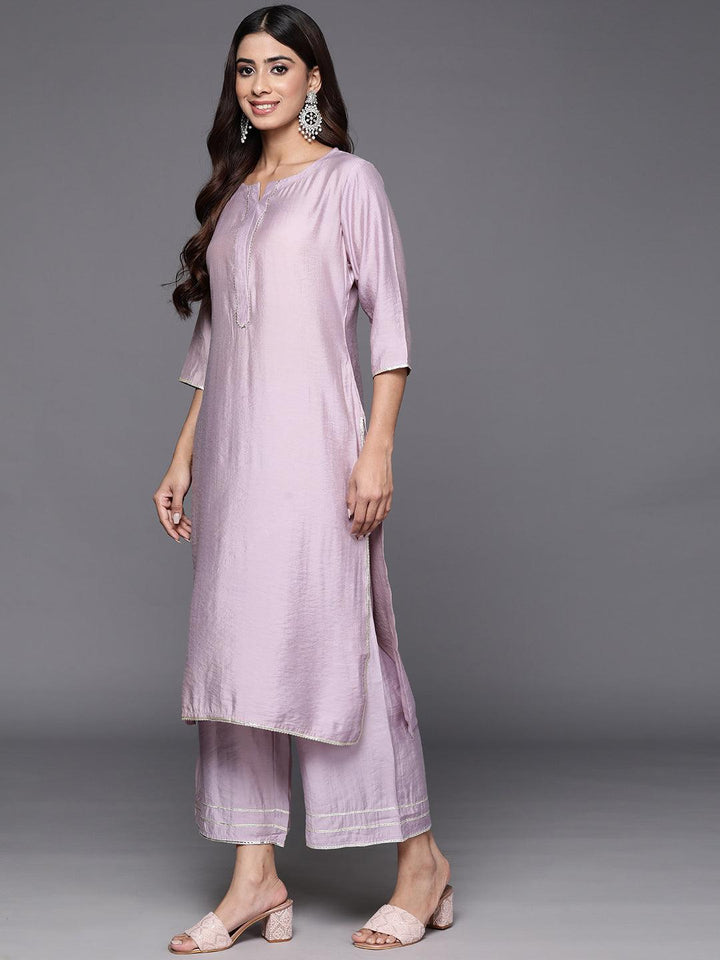 Mauve Solid Silk Blend Straight Kurta With Palazzos & Dupatta - Libas