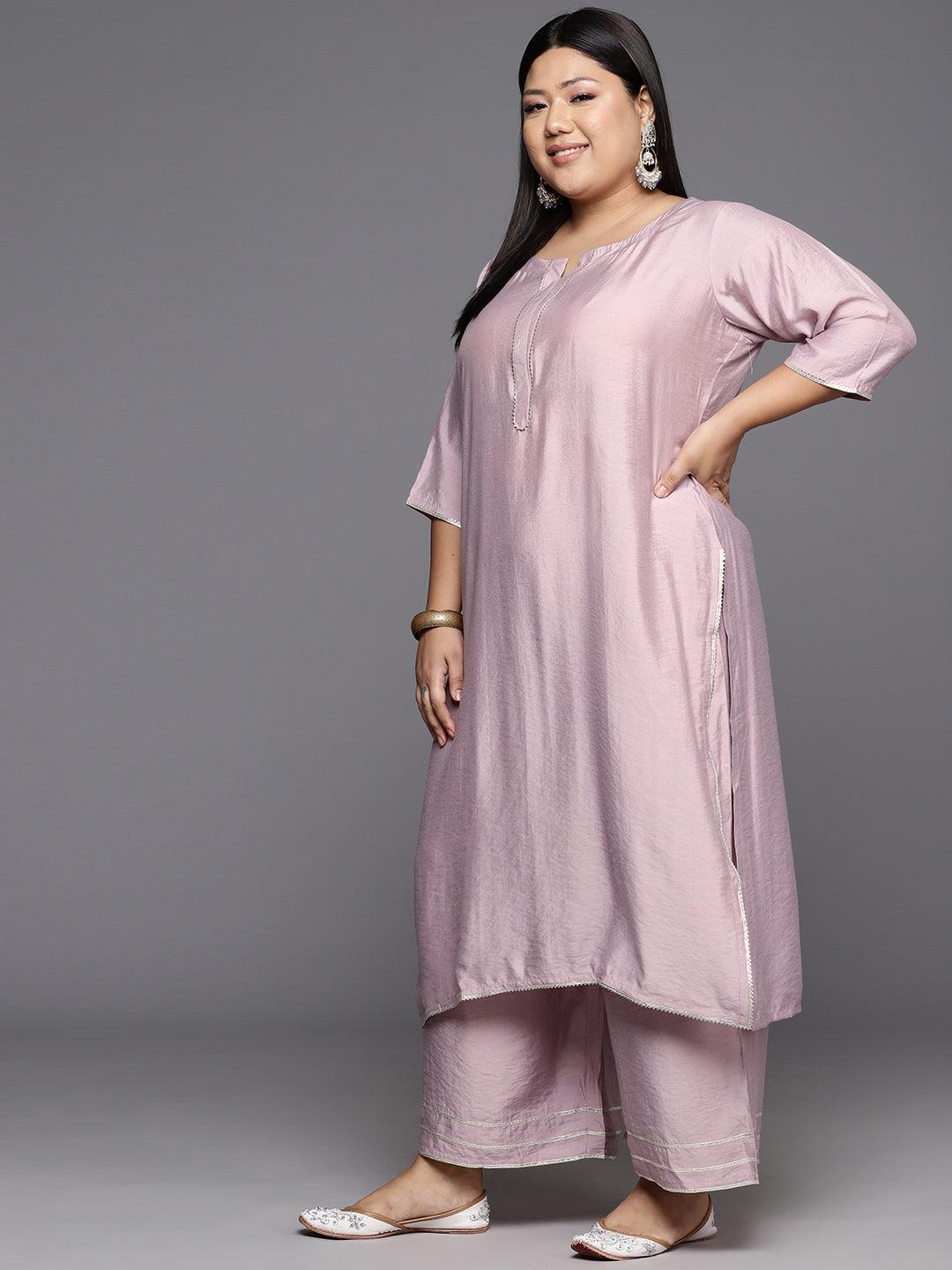 Mauve Solid Silk Blend Straight Kurta With Palazzos & Dupatta - Libas 