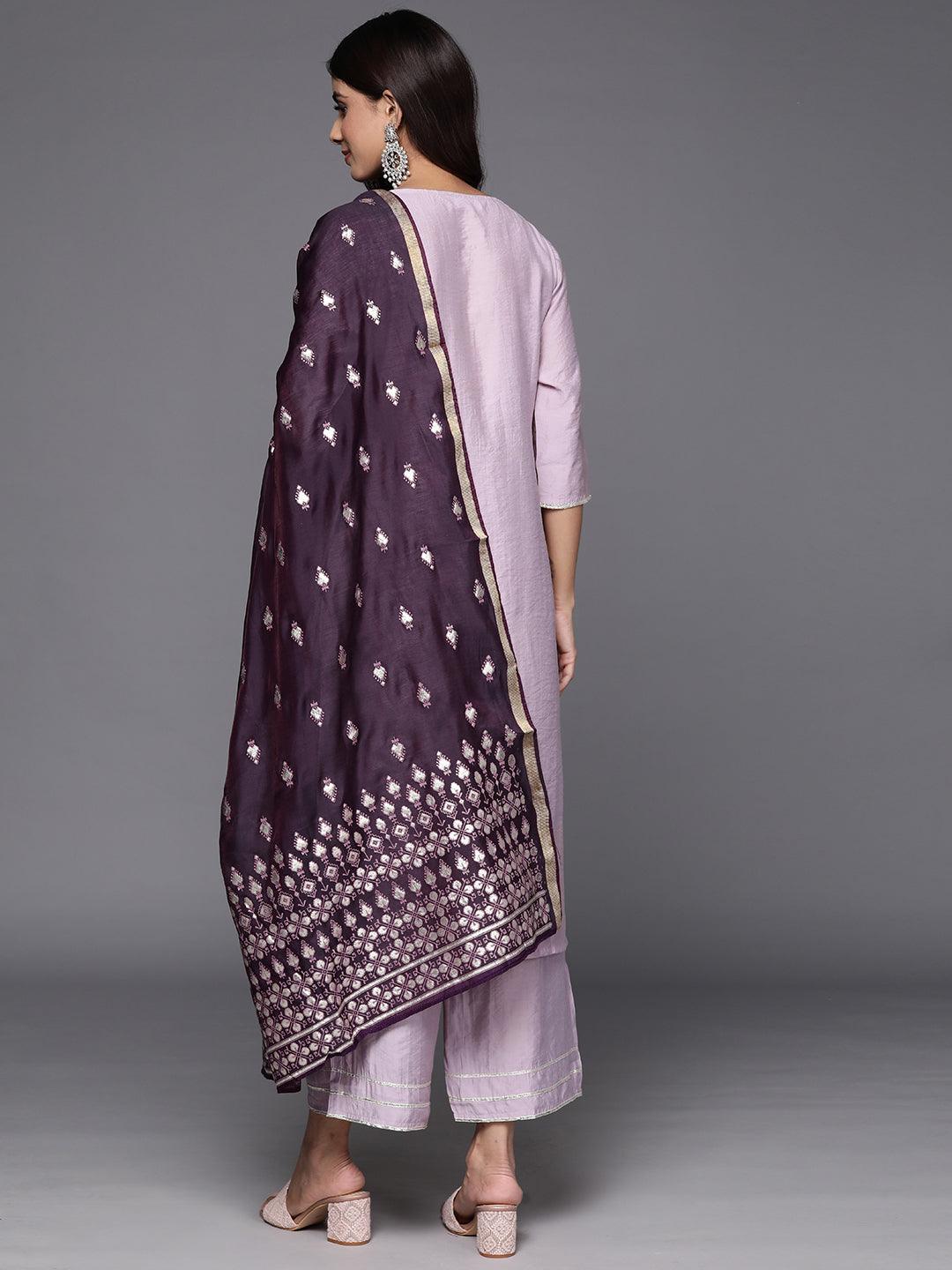 Mauve Solid Silk Blend Straight Kurta With Palazzos & Dupatta - Libas