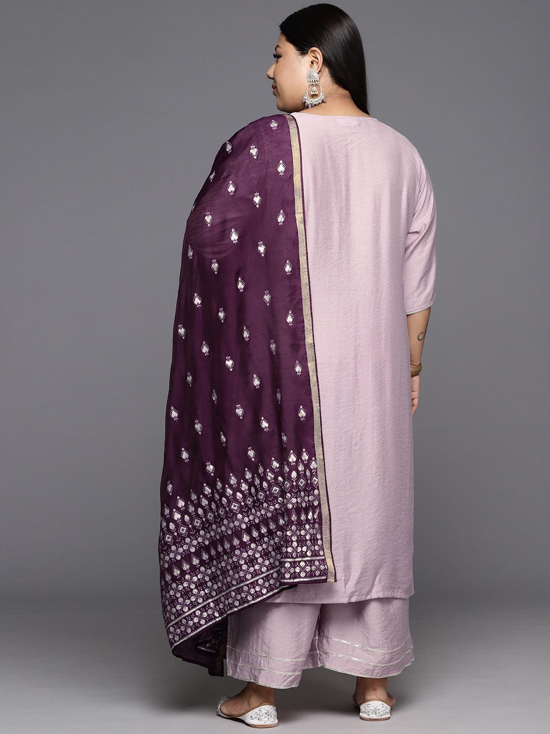 Mauve Solid Silk Blend Straight Kurta With Palazzos & Dupatta - Libas 