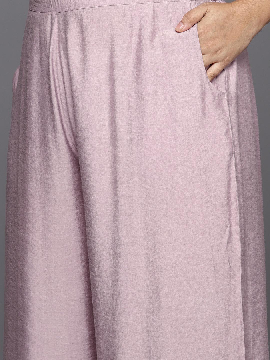 Mauve Solid Silk Blend Straight Kurta With Palazzos & Dupatta - Libas 