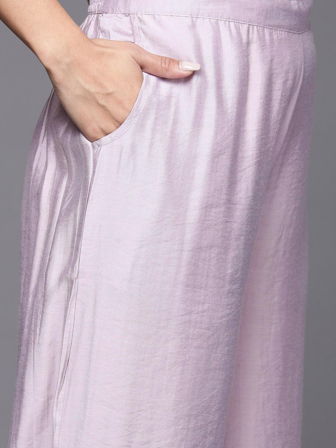 Mauve Solid Silk Blend Straight Kurta With Palazzos & Dupatta - Libas