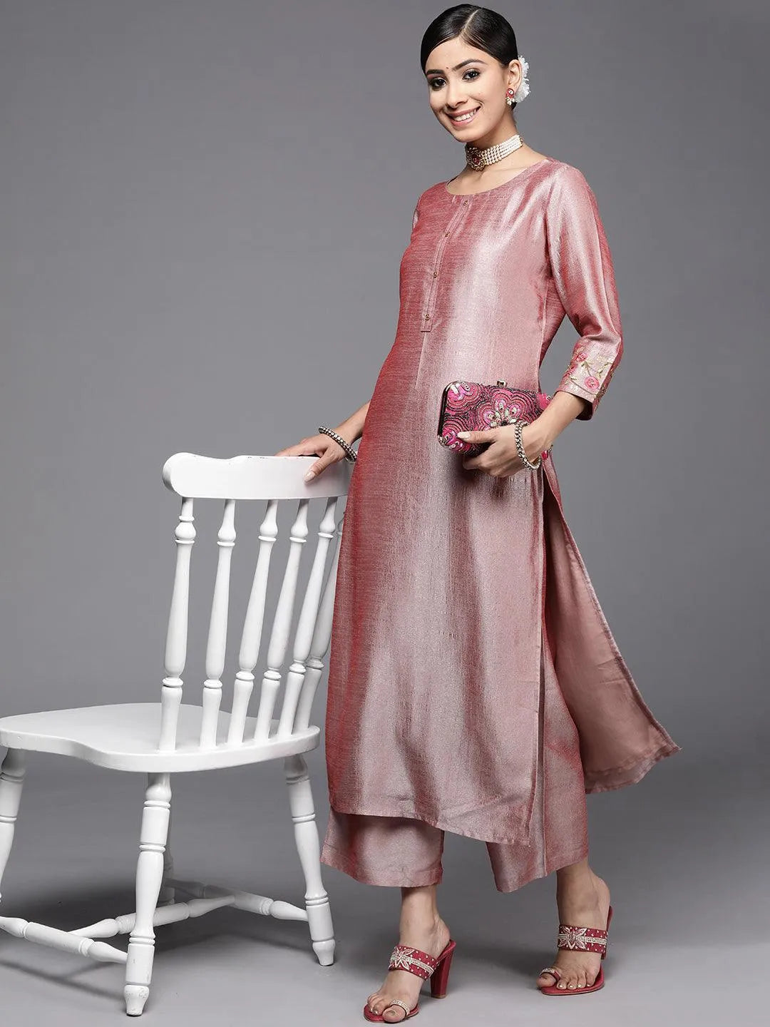 Mauve Solid Silk Palazzos - Libas