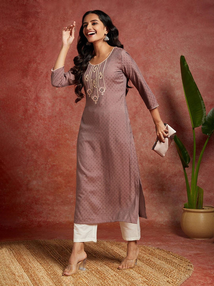 Mauve Woven Design Rayon Straight Kurta - Libas