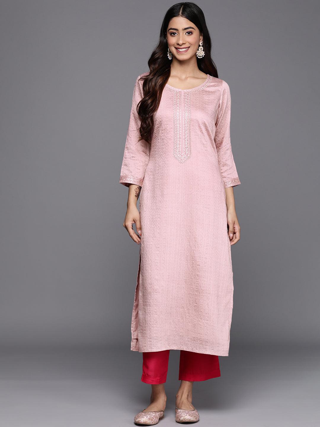 Mauve Woven Design Rayon Straight Kurta - Libas 